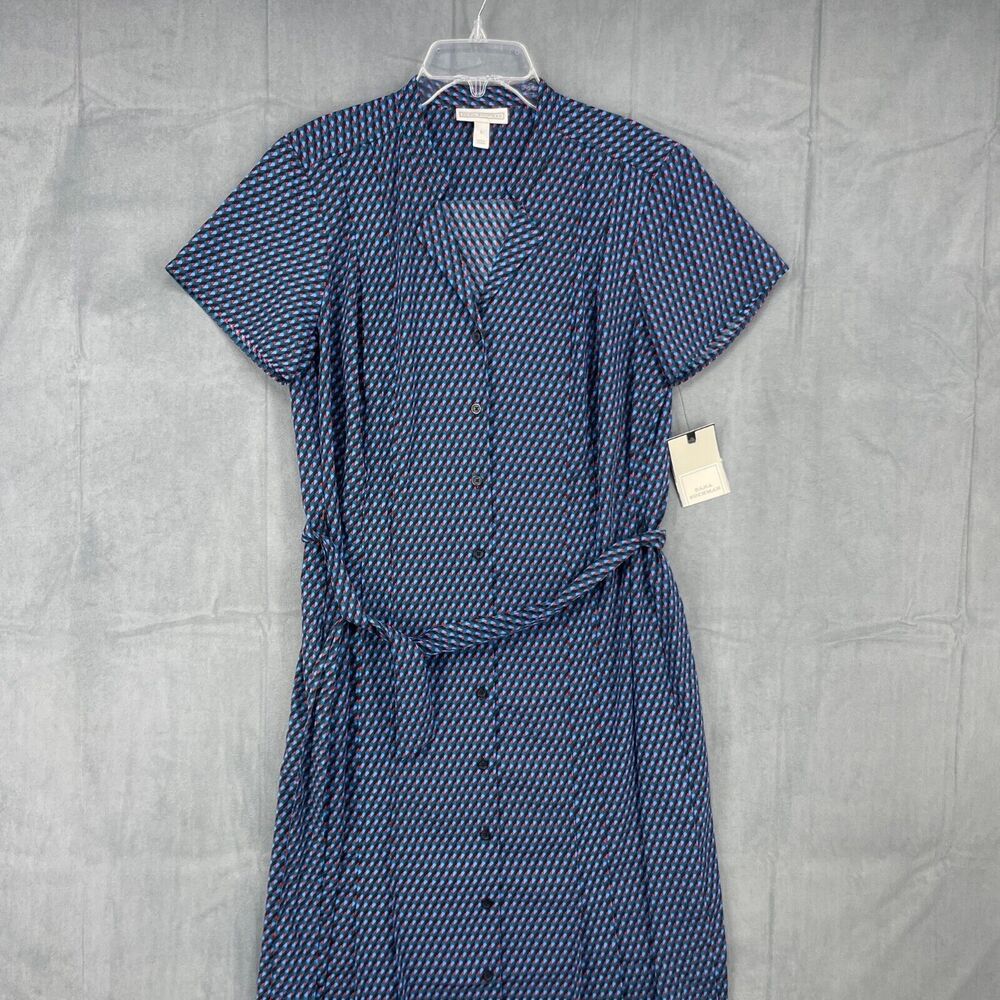 Dana Buchman Midi Dress Womens Large Blue Button Up Short Sleeve Belted Collared